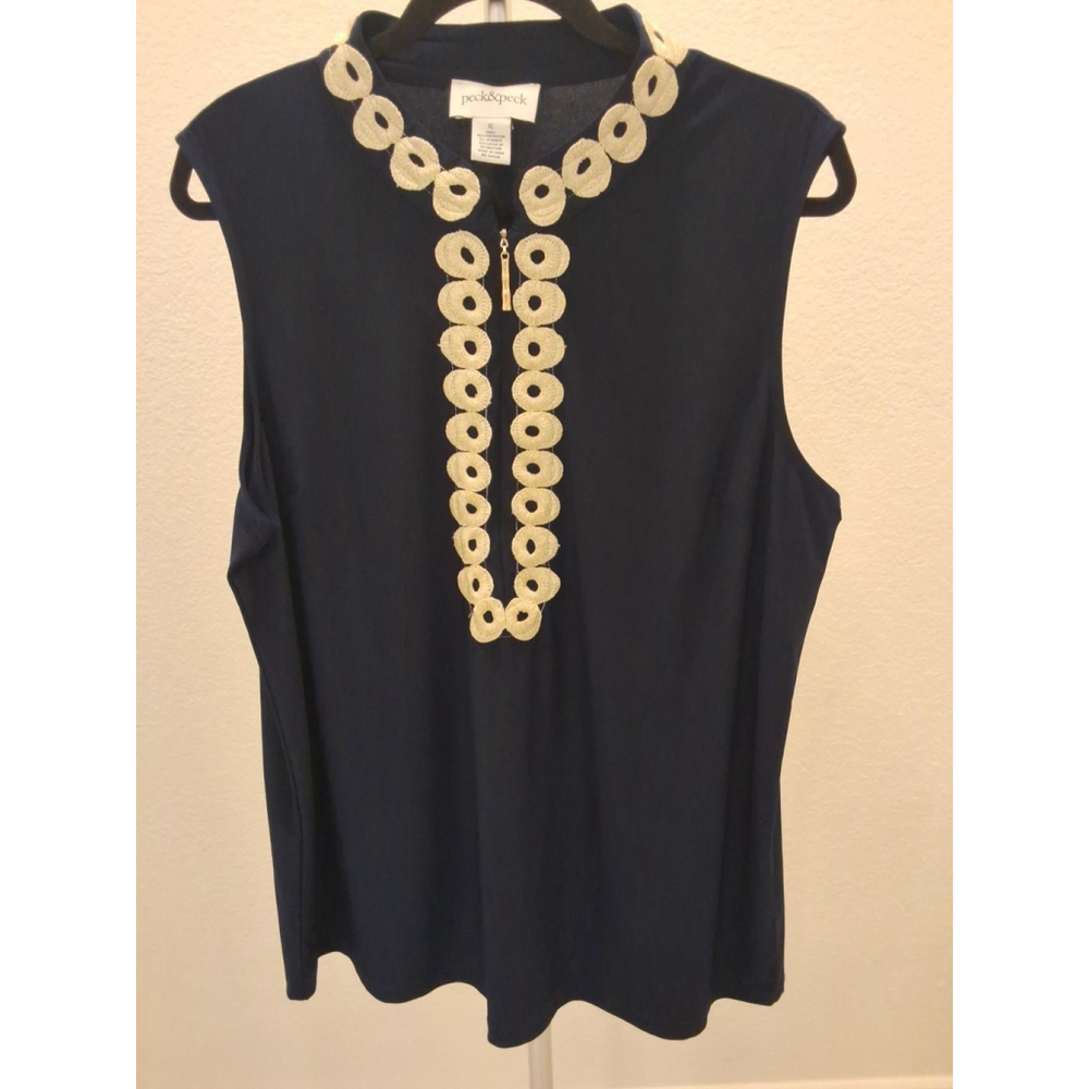 Peck & Peck Navy Blue Size XL Decorative Trim Circle Embroidered Womens Top